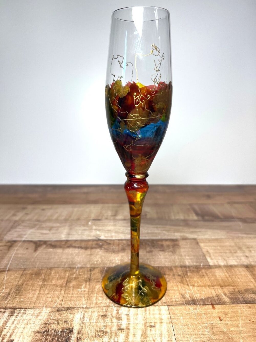 Royal Danube Champagne Glass Hand Painted Abstract Romania Crystal Stemware 10.5